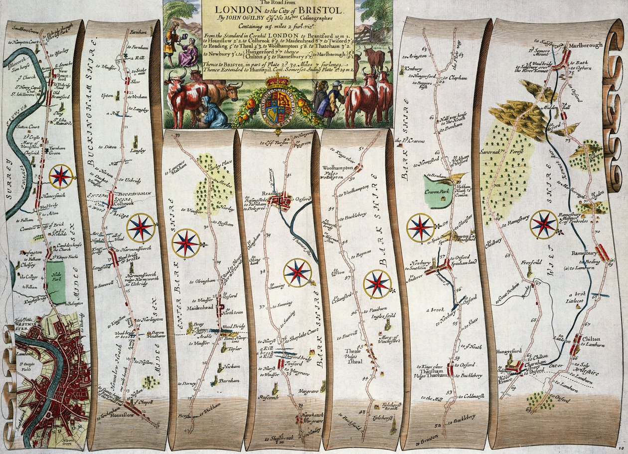 Tie Lontoosta Bristoliin, John Ogilbyn teoksesta "Britannia", julkaistu Lontoossa 1675 (käsin väritetty kaiverrus). tekijältä John Ogilby