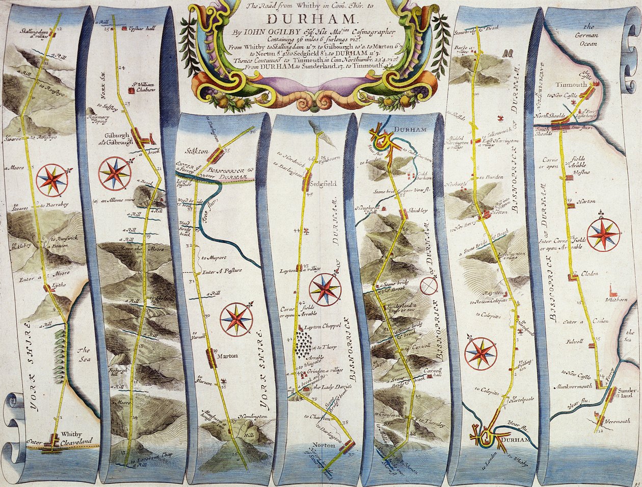 Road Whitbystä Durhamiin, John Ogilbyn Britanniasta, julkaistu Lontoossa, 1675 tekijältä John Ogilby