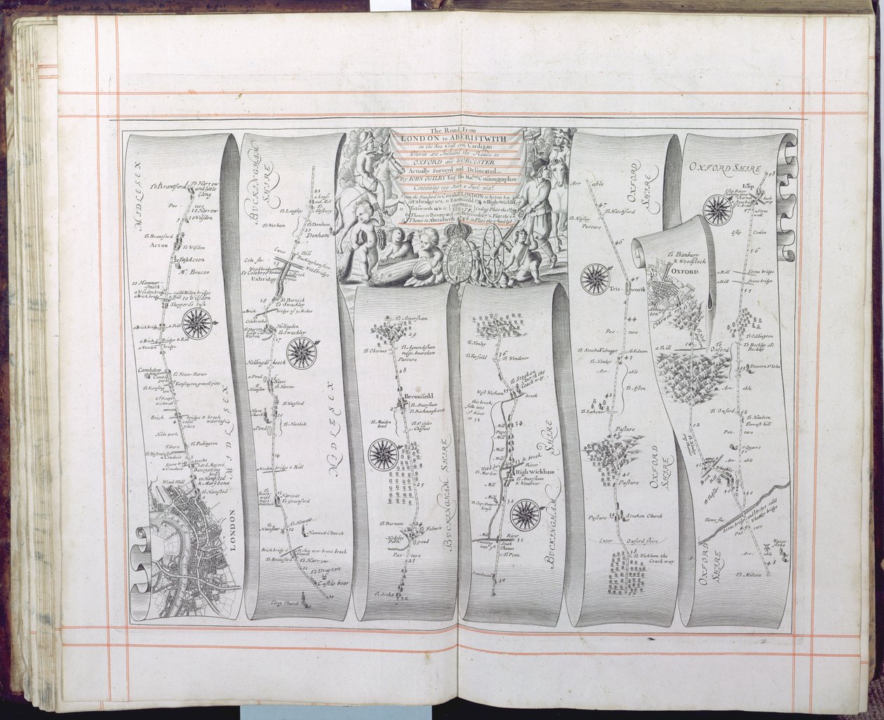 Tie Lontoosta Aberystwythiin meren rannikolla, teoksesta Britannia, Volume the First, 1675 tekijältä John Ogilby
