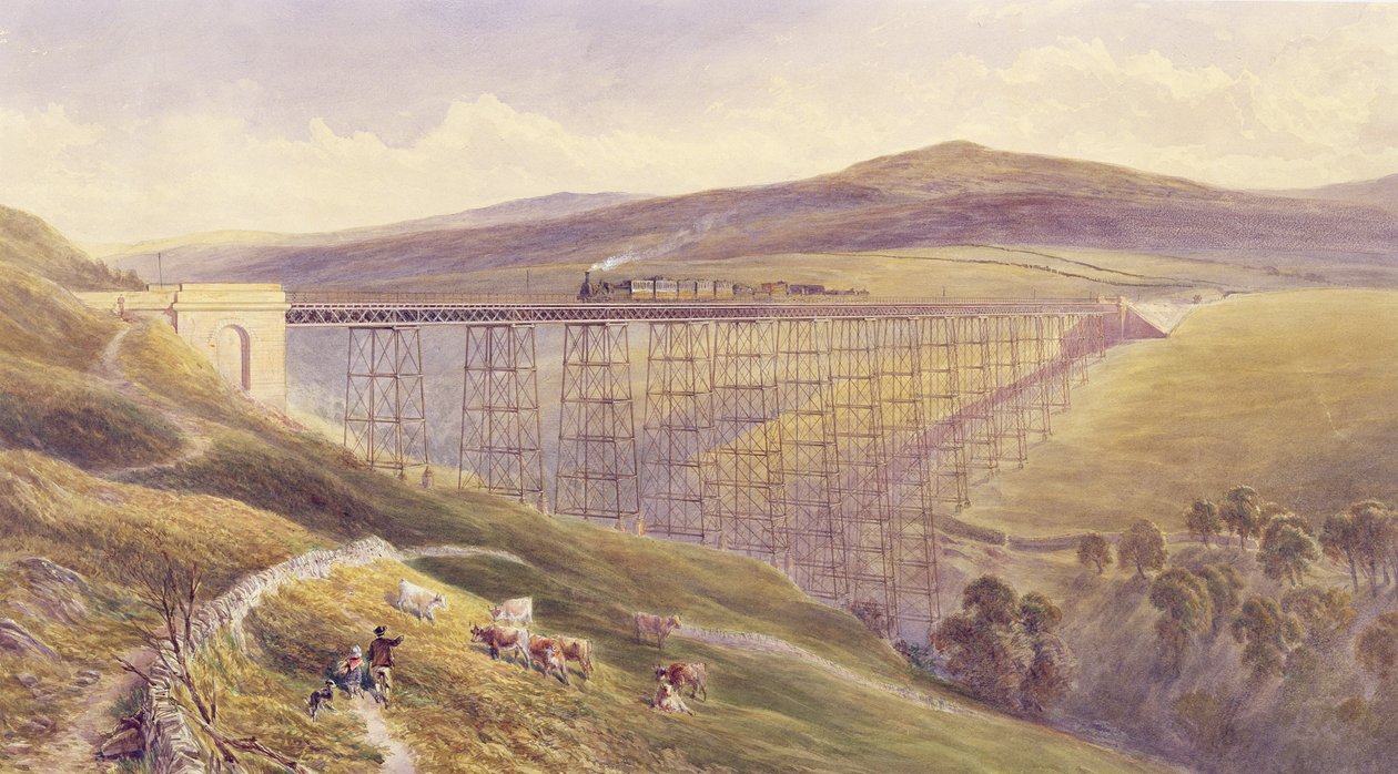 Belah Viaduct, 1869 (wc ja guassi kynällä ja musteella paperille) tekijältä John Osborn Brown