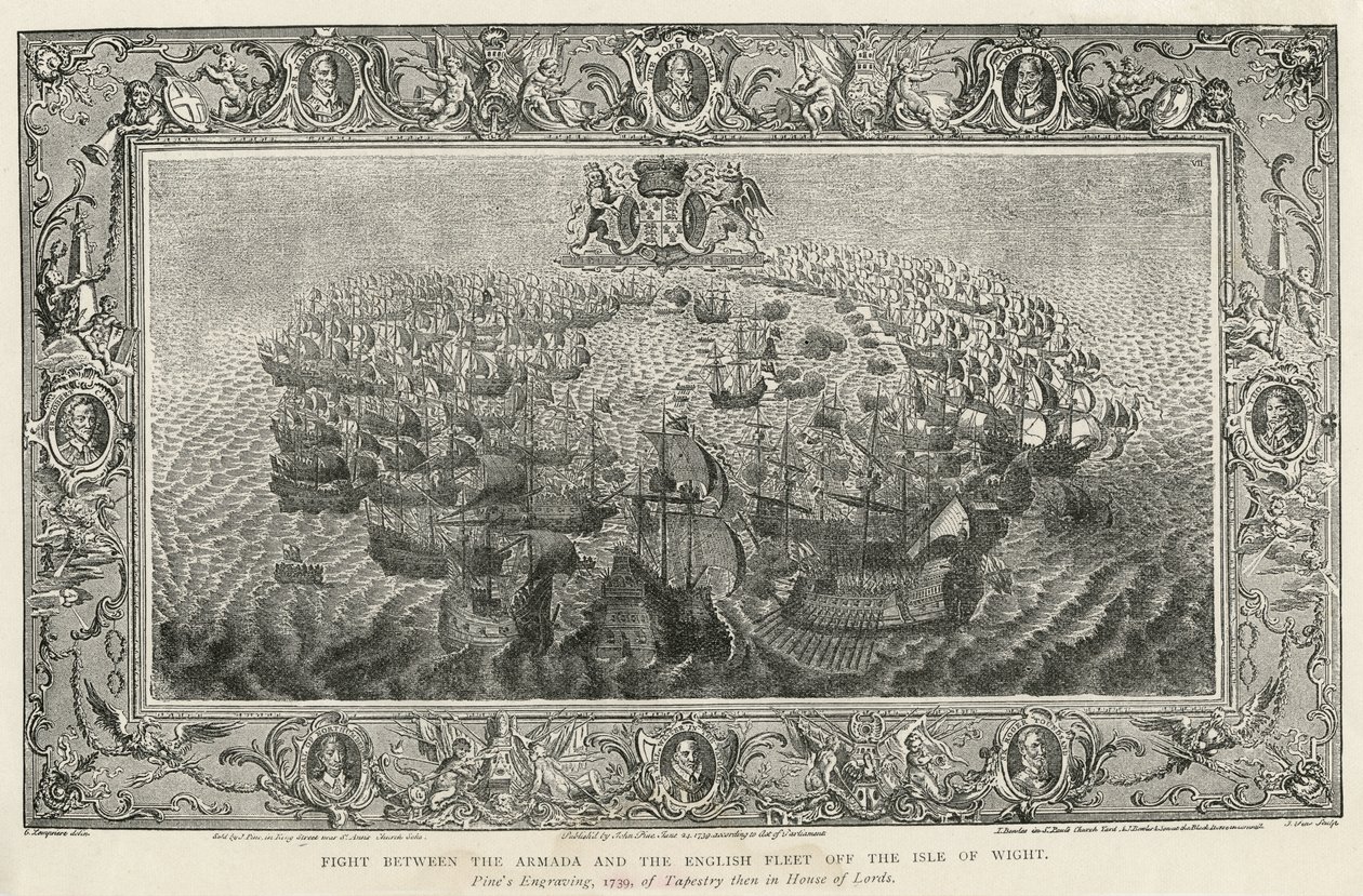 Taistelu Armadan ja englantilaisen laivaston välillä Isle of Wightin edustalla, 1739 tekijältä John Pine