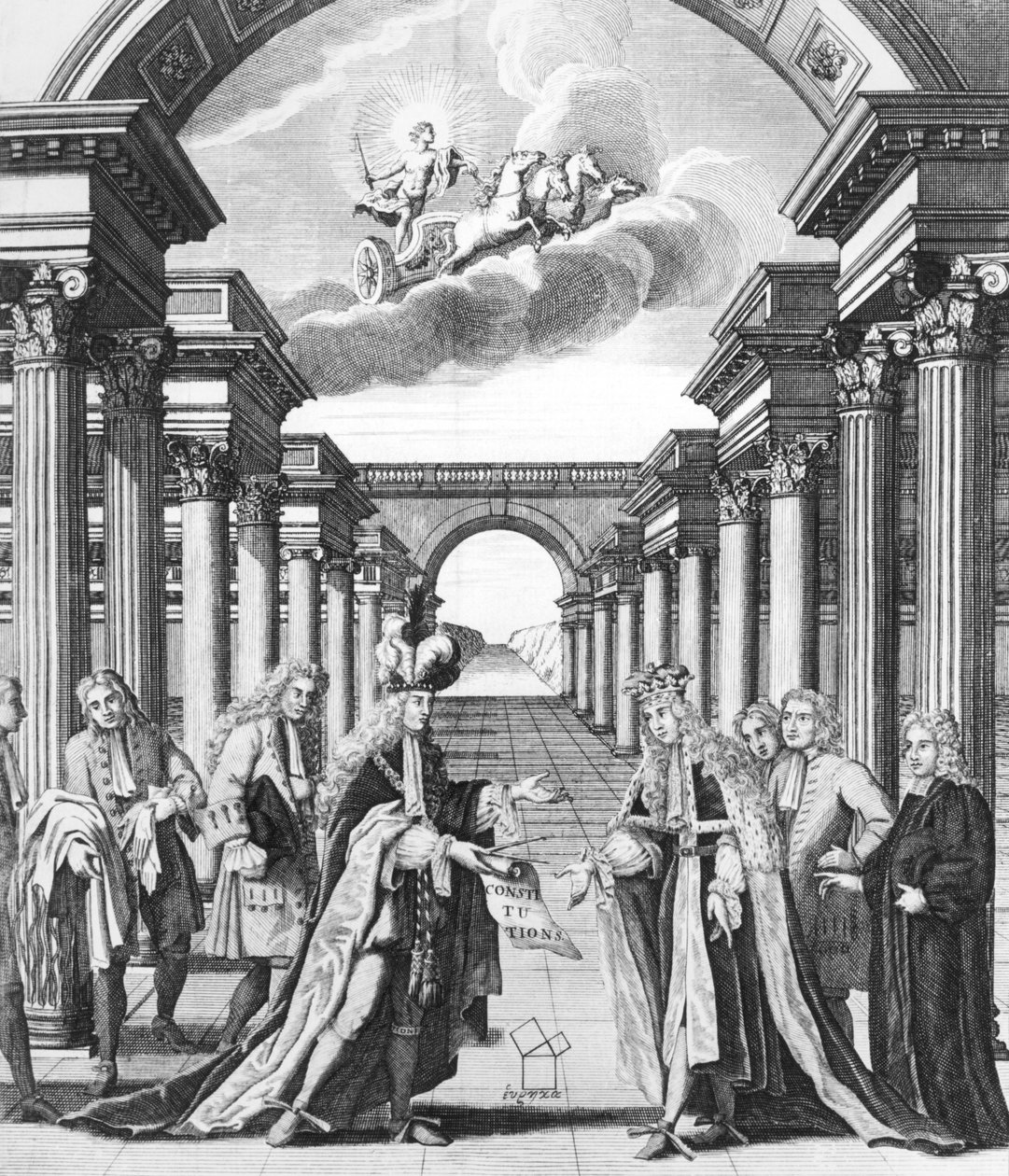 James Andersonin vapaamuurariuden perustuslait, etukappale, julkaisijat John Senex ja John Hook, Lontoo, 1723 tekijältä John Pine