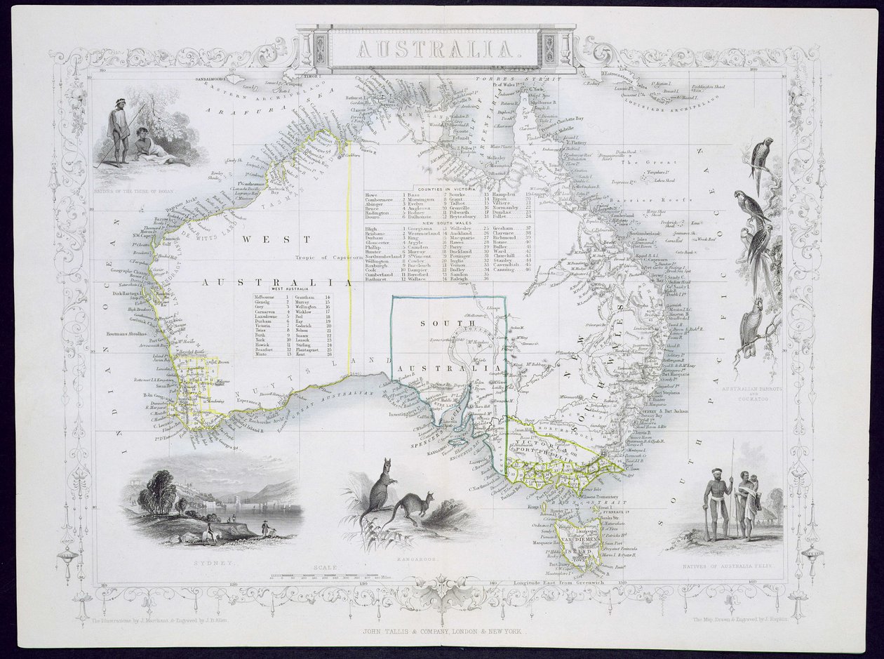Australia, John Tallis und Co., Lontoo ja New York, 1850-luvulla julkaisemasta World Maps -sarjasta tekijältä John Rapkin