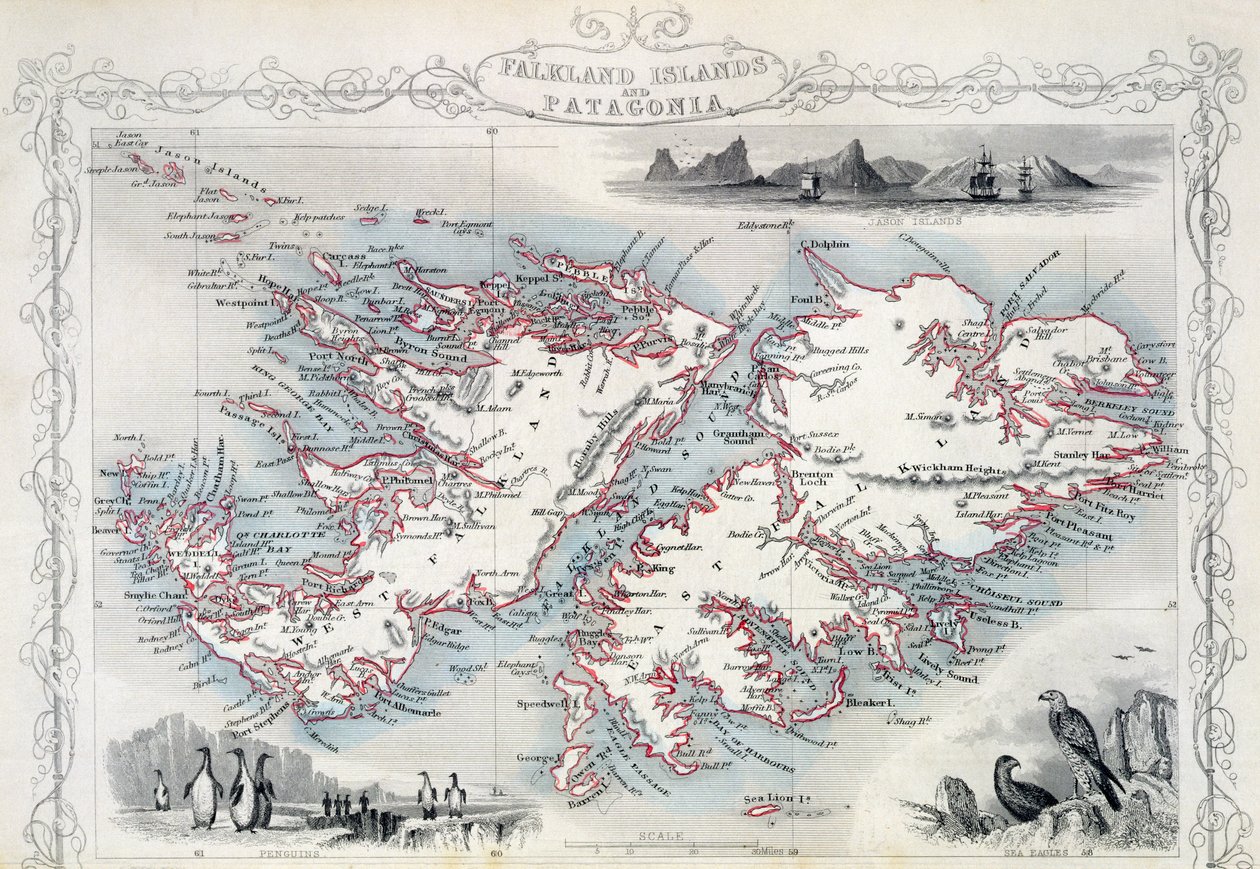 Falklandinsaaret ja Patagonia, John Tallis und Co.:n, New York ja Lontoo, 1850-luvulla julkaisemasta World Maps -sarjasta tekijältä John Rapkin