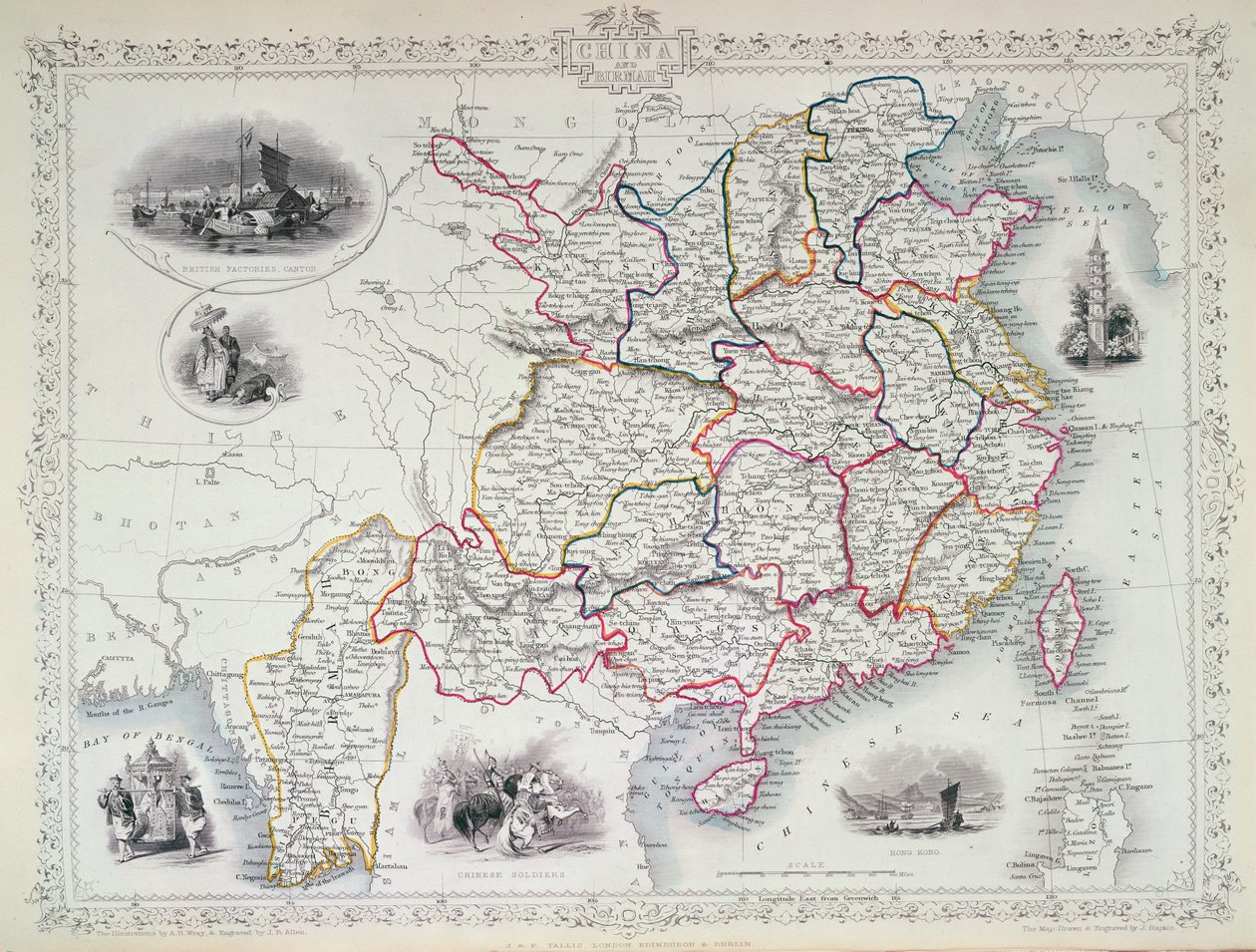Kiinan ja Birman kartta, 1851 (värikaiverrus) tekijältä John Rapkin