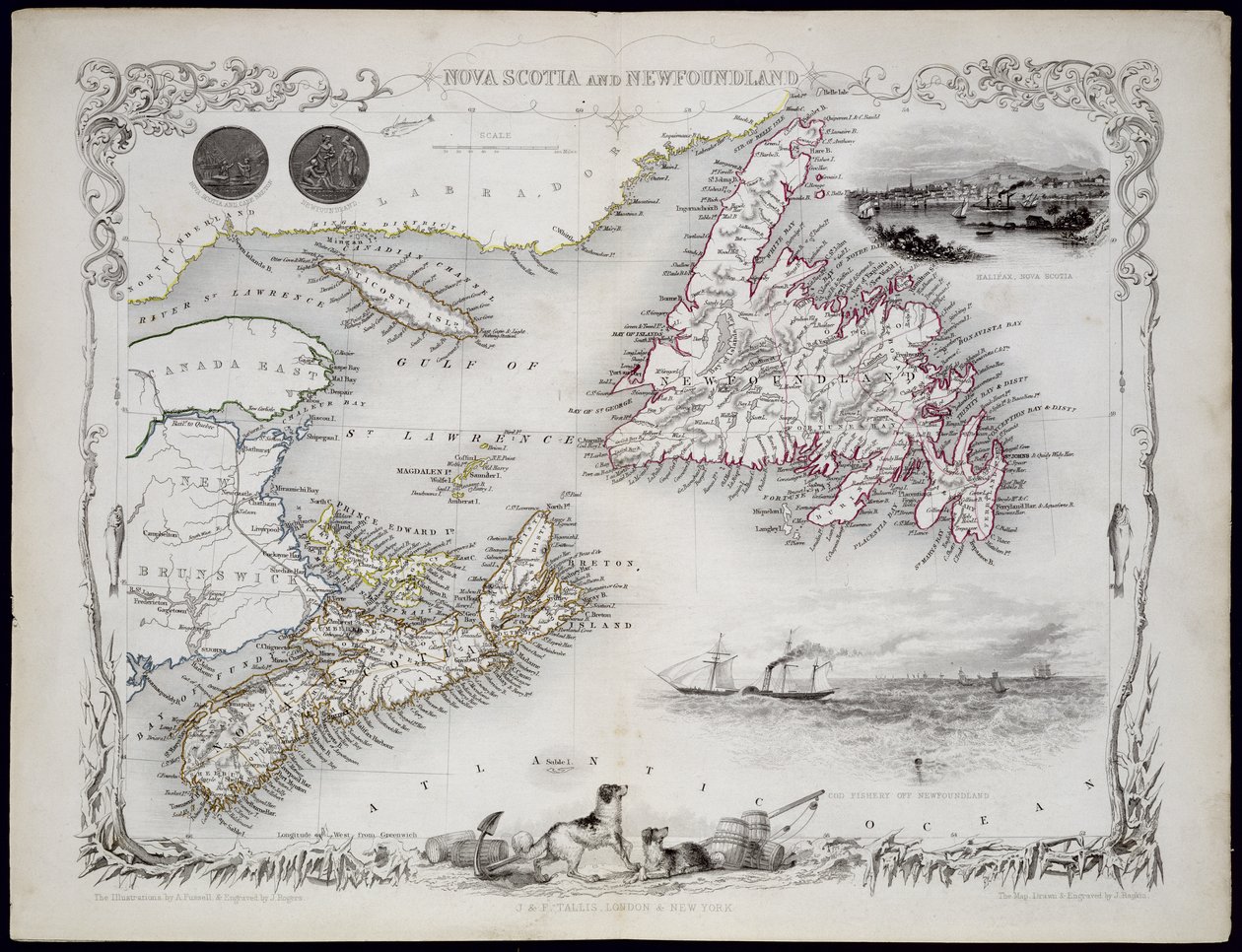 Nova Scotia ja Newfoundland, John Tallis und Co., New York ja Lontoo, 1850-luvun maailmankarttasarjasta. tekijältä John Rapkin
