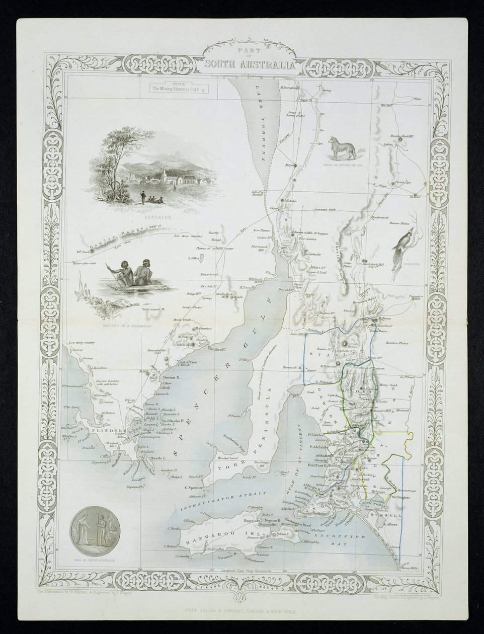 Osa Etelä-Australiaa, John Tallis und Co:n, New Yorkin ja Lontoon, 1850-luvulla julkaisemasta World Maps -sarjasta tekijältä John Rapkin