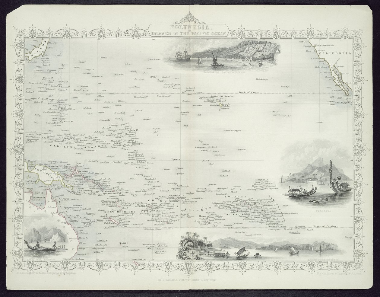 Polynesia eli Tyynen valtameren saaret, John Tallis ja Co., New York ja Lontoo, 1850-luvun maailmankarttasarjasta. tekijältä John Rapkin
