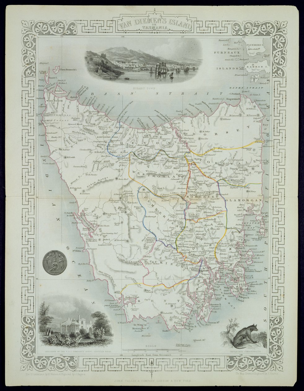 Van Diemenin saari tai Tasmania, John Tallis und Co.:n, Lontoon ja New Yorkin, 1850-luvulla julkaisemasta World Maps -sarjasta tekijältä John Rapkin