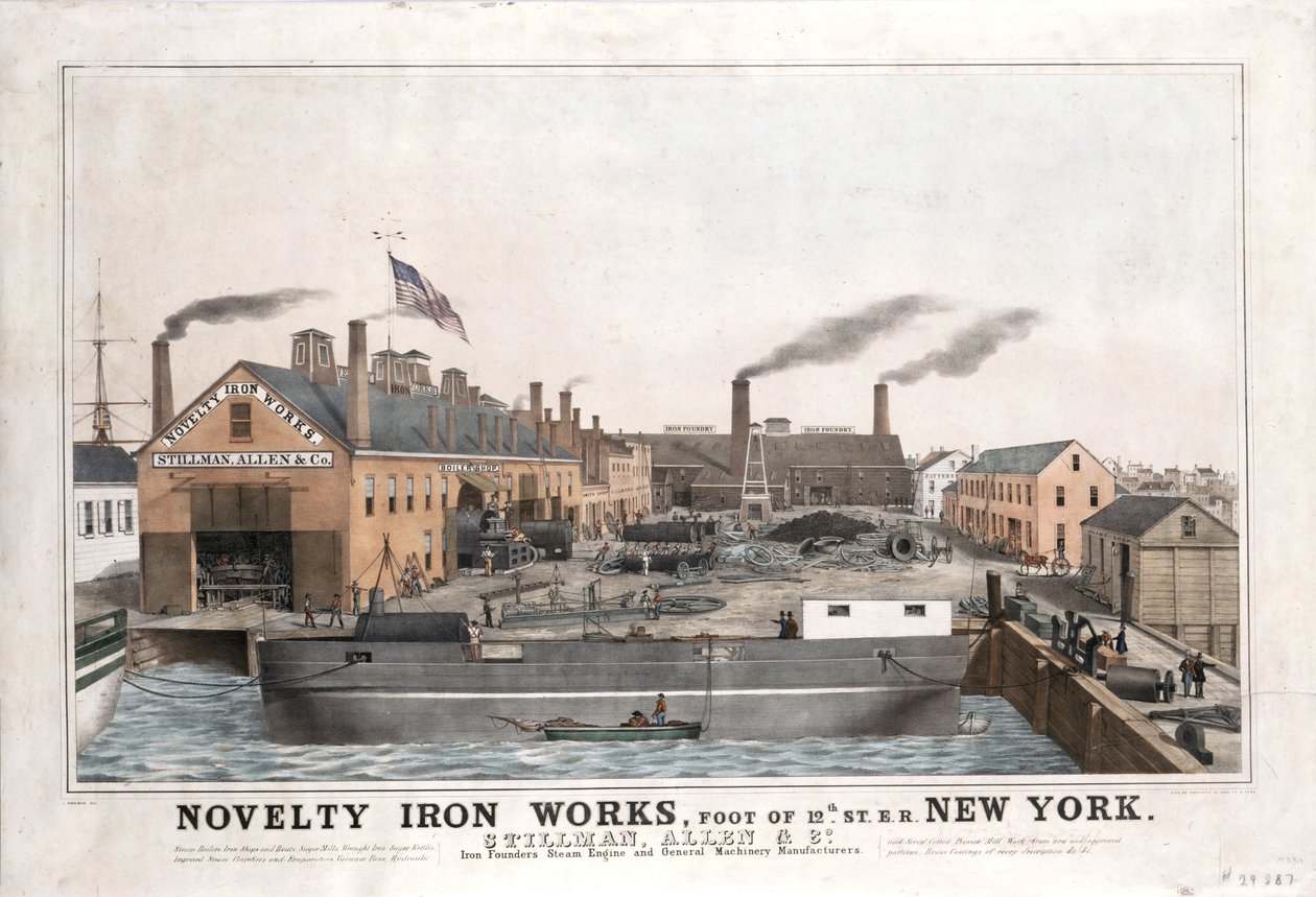 Novelty Iron Works, Stillman, Allen & Co. Steam Engine and General Machinery Manufacturers, 12th Streetin juurella East River, New York, n. 1841-1844 (käsinvärinen litho) tekijältä John Ritto Penniman