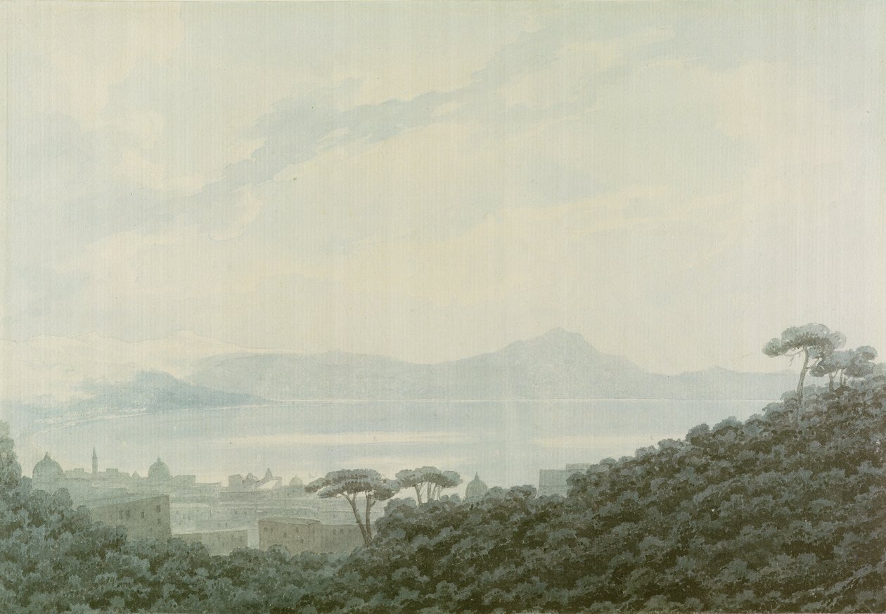 Napolinlahti Capodimontesta, Italiasta, n. 1790 (wc kynällä paperilla) tekijältä John Robert Cozens