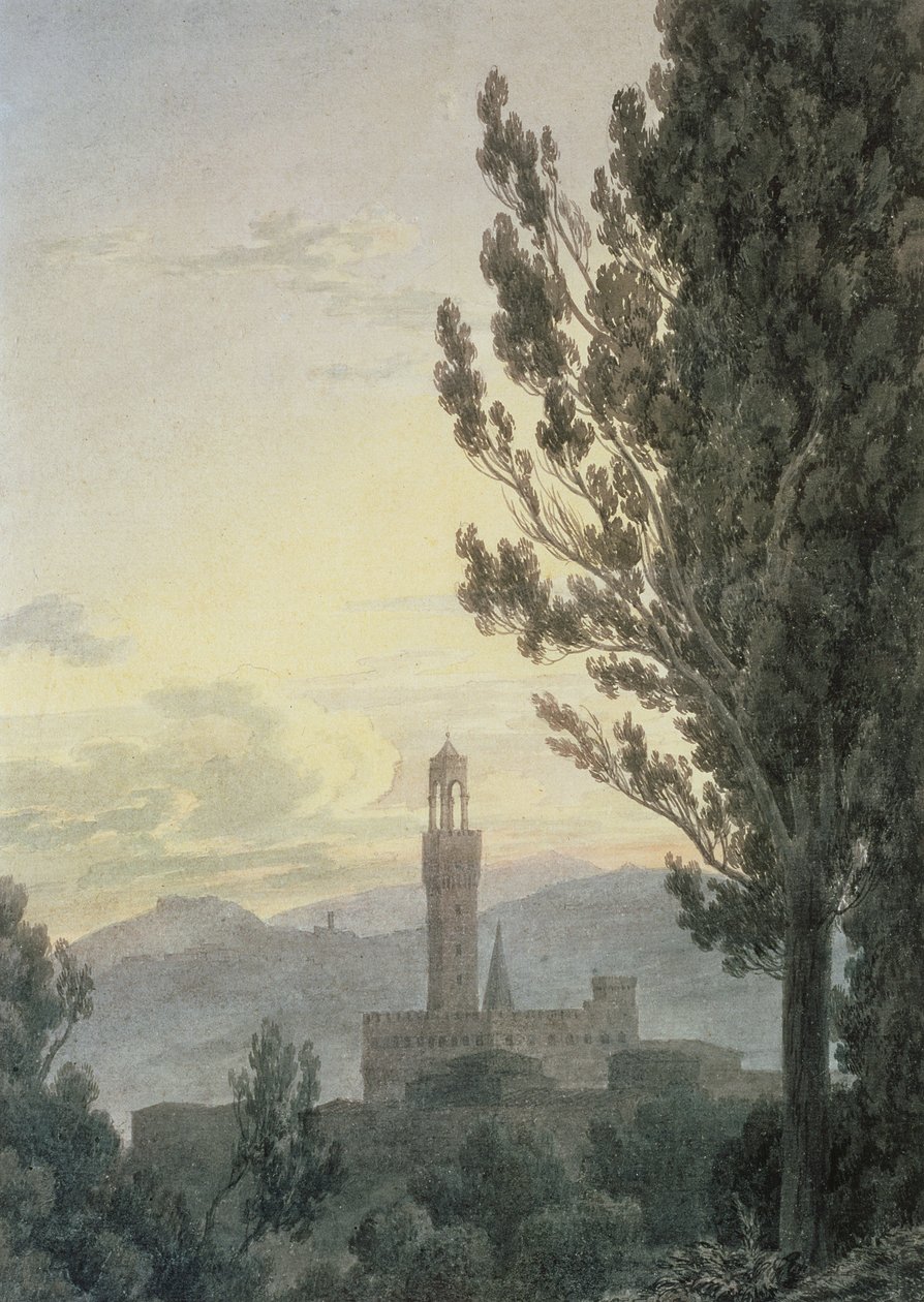 Palazzo Vecchio Boboli Gardensista, Firenzestä (wc ja kynä paperille) tekijältä John Robert Cozens