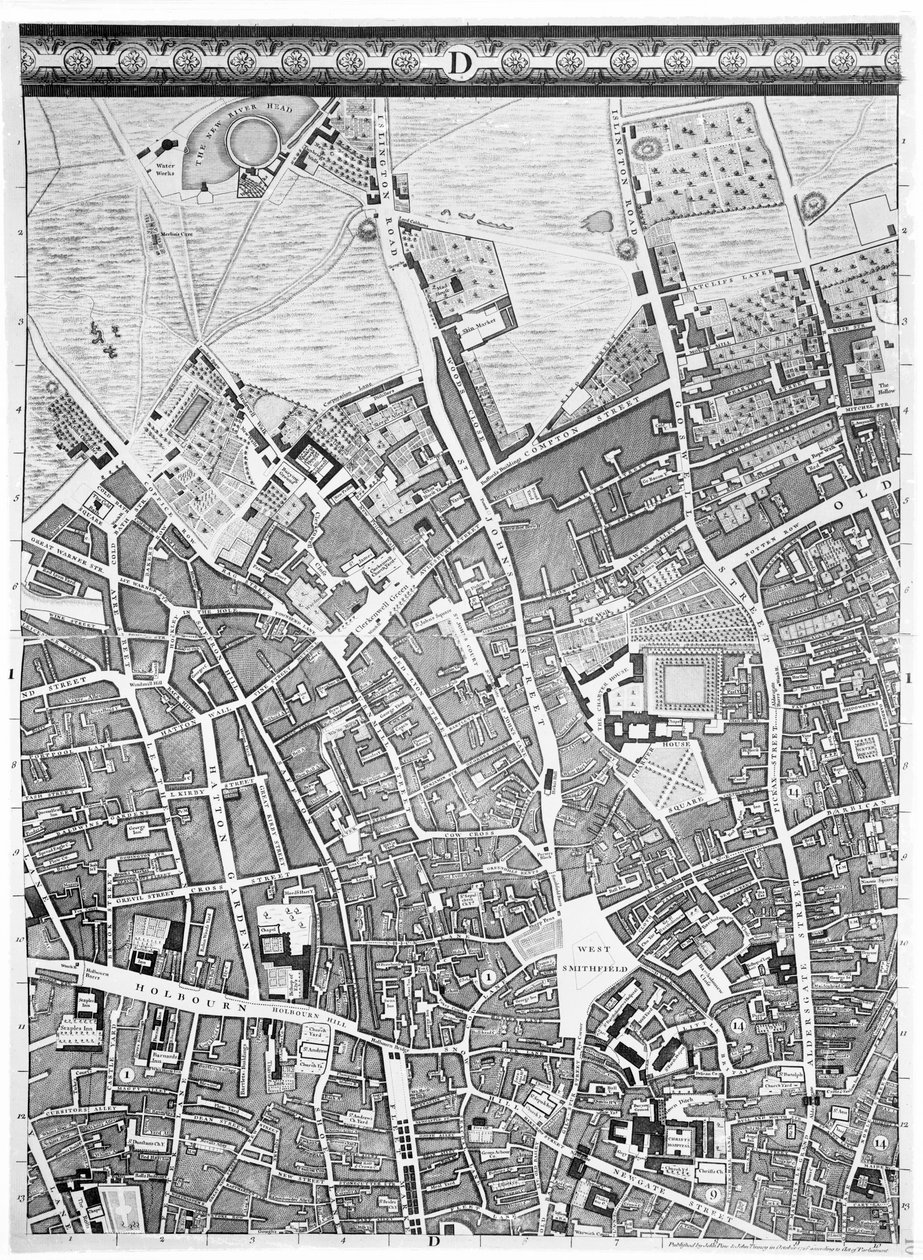 Clerkenwellin kartta, Lontoon kaupunki, 1746 tekijältä John Rocque