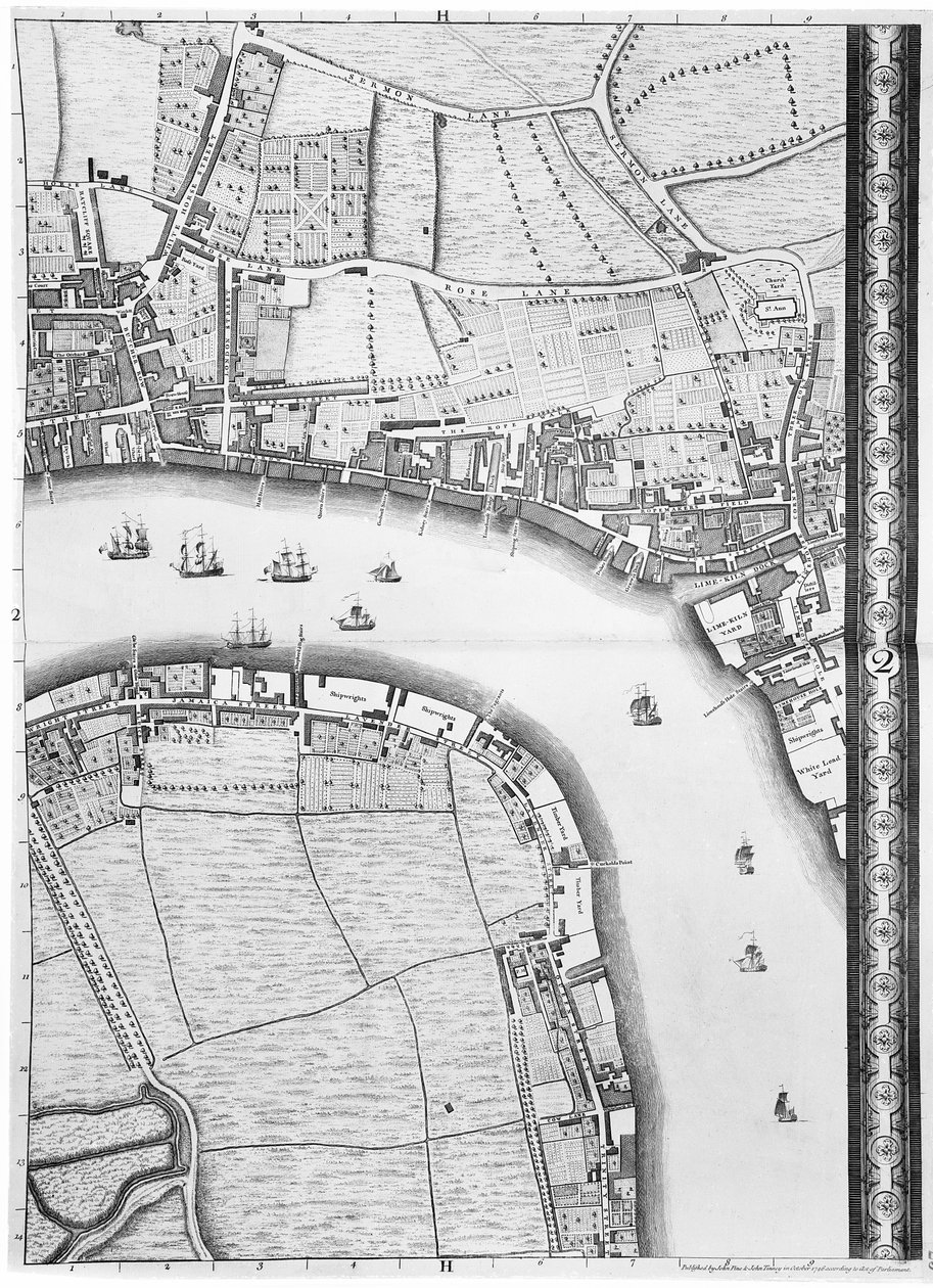 Limehousen ja Rotherhithen kartta, Lontoo, 1746. tekijältä John Rocque