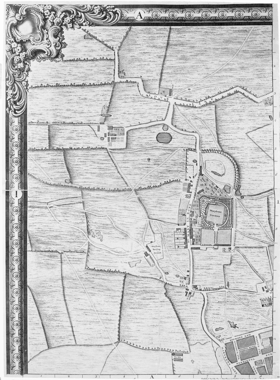 Marylebonen kartta, Lontoo, 1746 tekijältä John Rocque