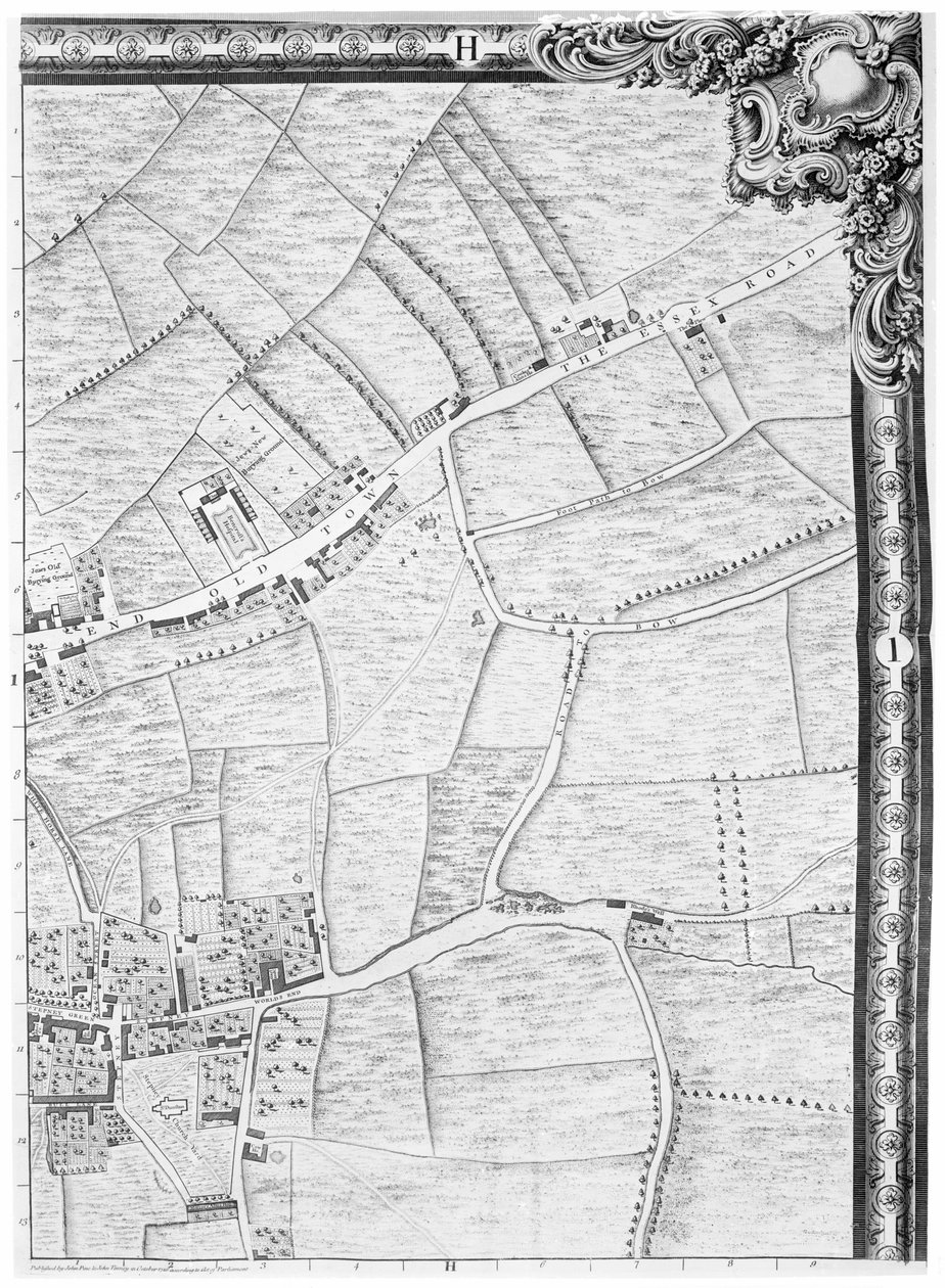 Mile Endin ja Stepney Greenin kartta, Lontoo, 1746 tekijältä John Rocque