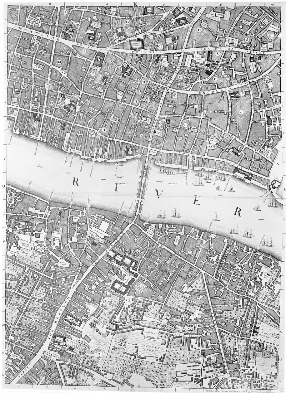 Kartta Old London Bridgestä, Lontoo, 1746 tekijältä John Rocque