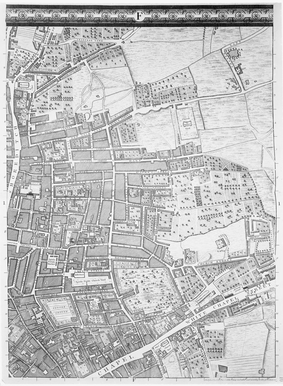 Shoreditchin ja Whitechapelin kartta Lontoossa, 1746 tekijältä John Rocque