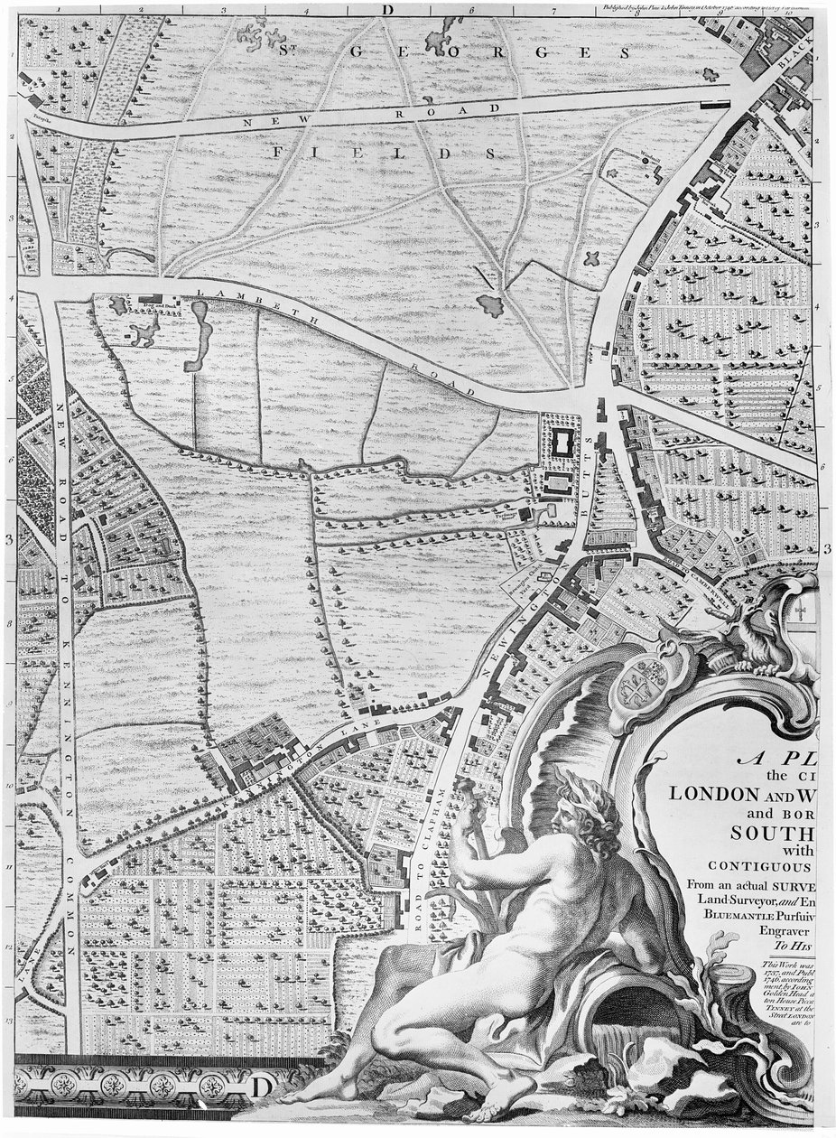 St Georges Fieldsin ja Newington Buttsin kartta Lontoossa, 1746 tekijältä John Rocque