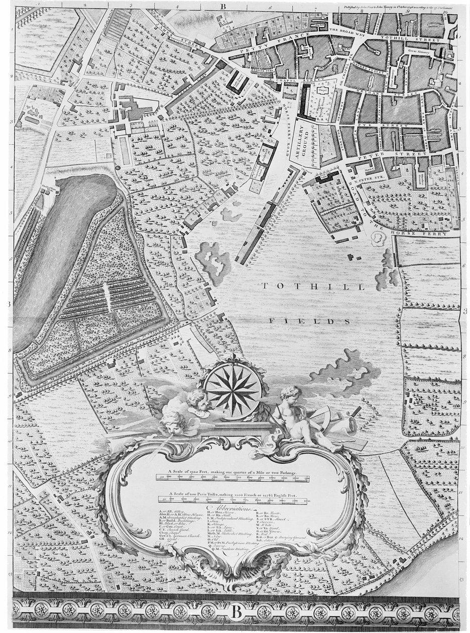 Tothill Fieldsin kartta, Lontoo, 1746. tekijältä John Rocque