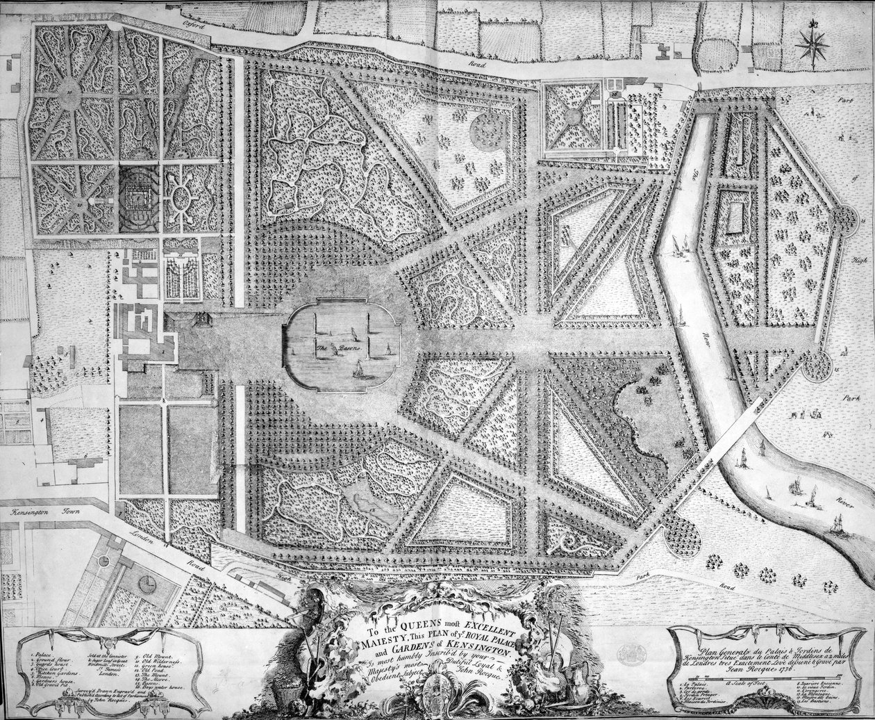 Kartta Kensingtonin kuninkaallisesta palatsista ja puutarhoista, Lontoo, 1736 tekijältä John Rocque