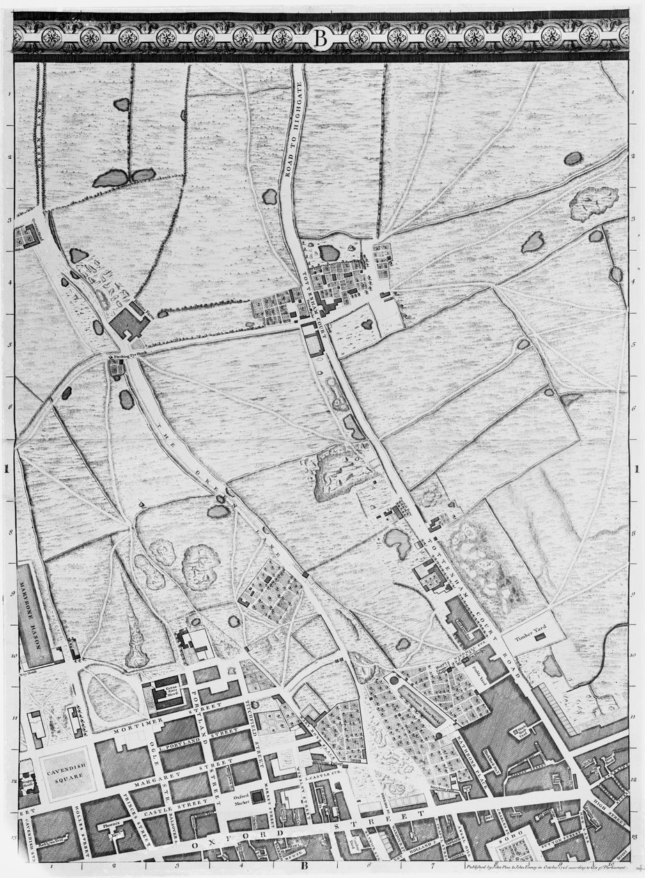 West Endin ja Sohon kartta, Lontoo, 1746 tekijältä John Rocque