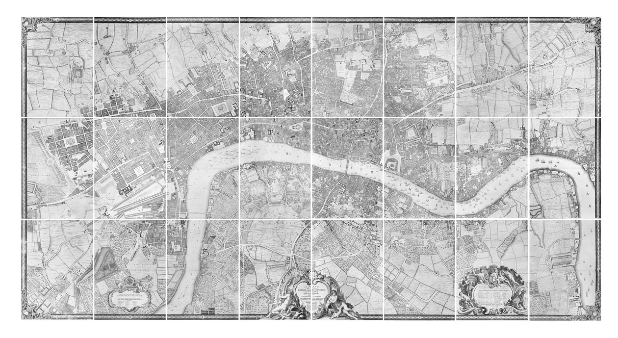 Suunnitelma Lontoon ja Westminsterin kaupungeista ja Southwarkin kaupunginosasta, 1746 tekijältä John Rocque