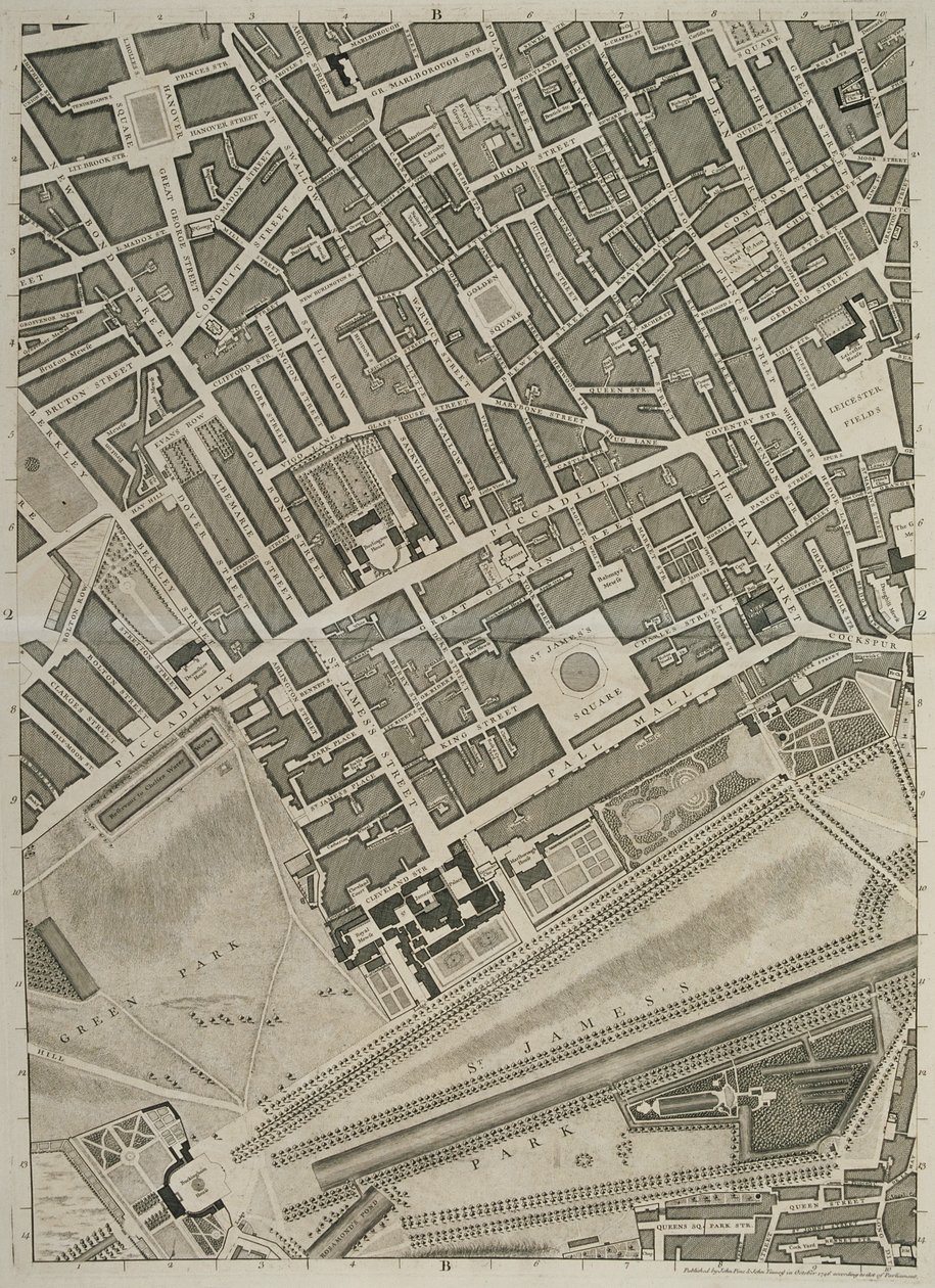 Lontoon ja Westminsterin kaupunkien sekä Southwarkin kaupungin suunnitelma, kaiverrettu John Tinney, pubi. 1746 tekijältä John Rocque