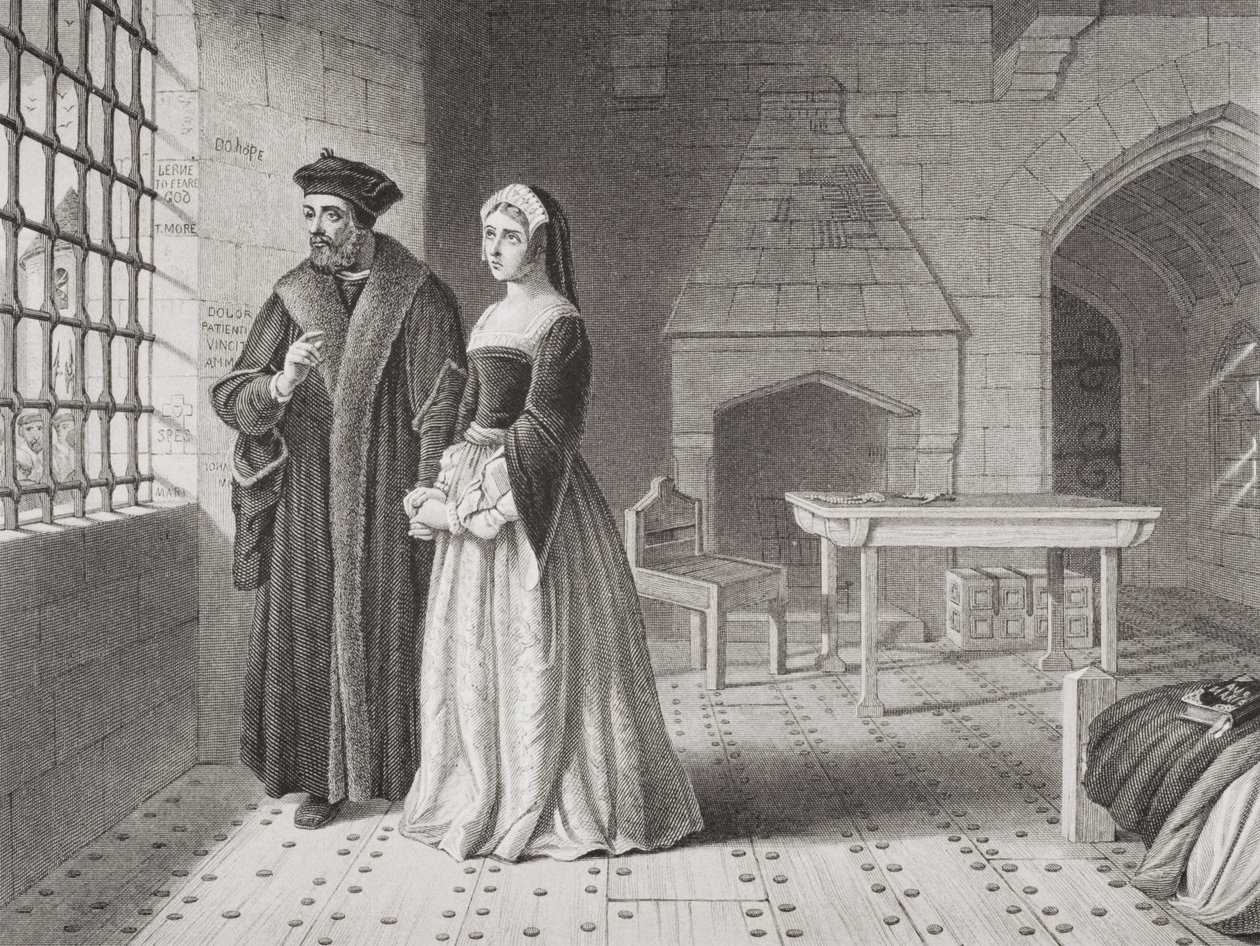 Sir Thomas More (1477-1535) ja hänen tyttärensä Margaret tarkkailemassa teloitettavaksi menossa olevia munkkeja vankilansa ikkunasta, Englannin ja Skotlannin historian kuvituksia, nide I tekijältä John Rogers Herbert