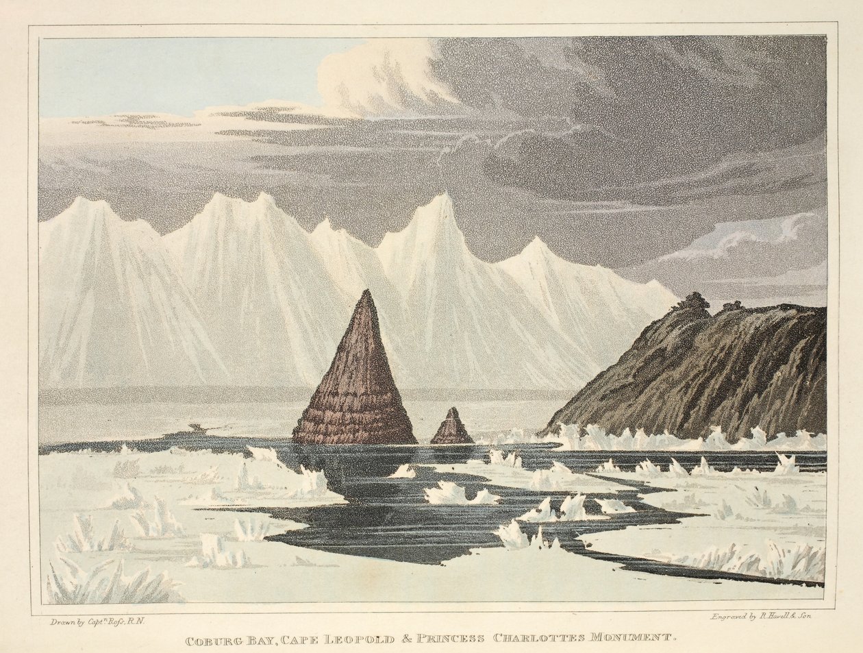 Coburg Bay, Leopoldin niemi ja prinsessa Charlotte -monumentti, kuvitus teoksesta "A Voyage of Discovery...", 1819 (käsinvärinen kaiverrus) tekijältä John Ross