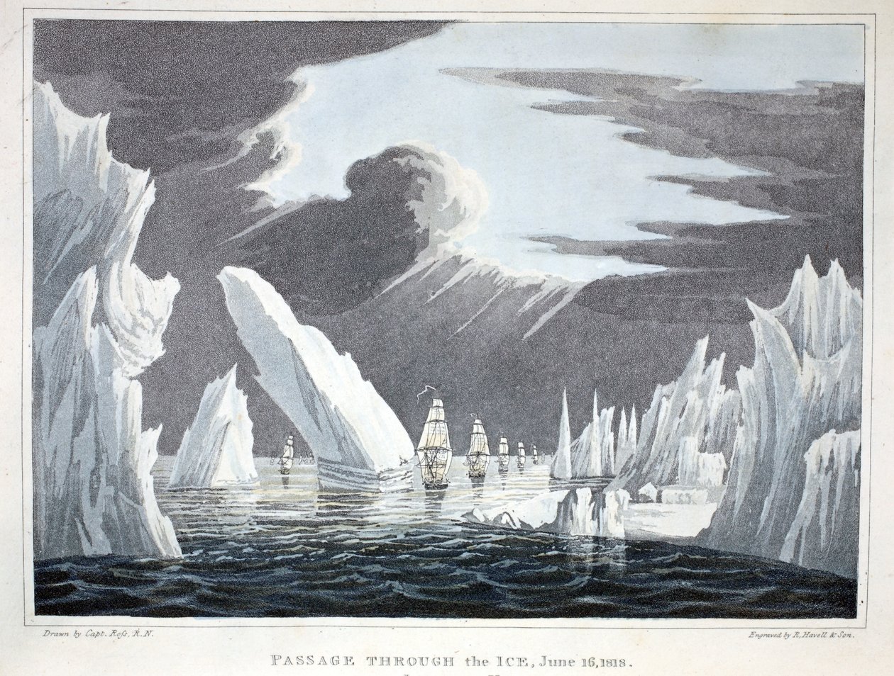 Passage through the Ice, 16. kesäkuuta 1818, kuvitus teoksesta "A Voyage of Discovery...", 1819 tekijältä John Ross