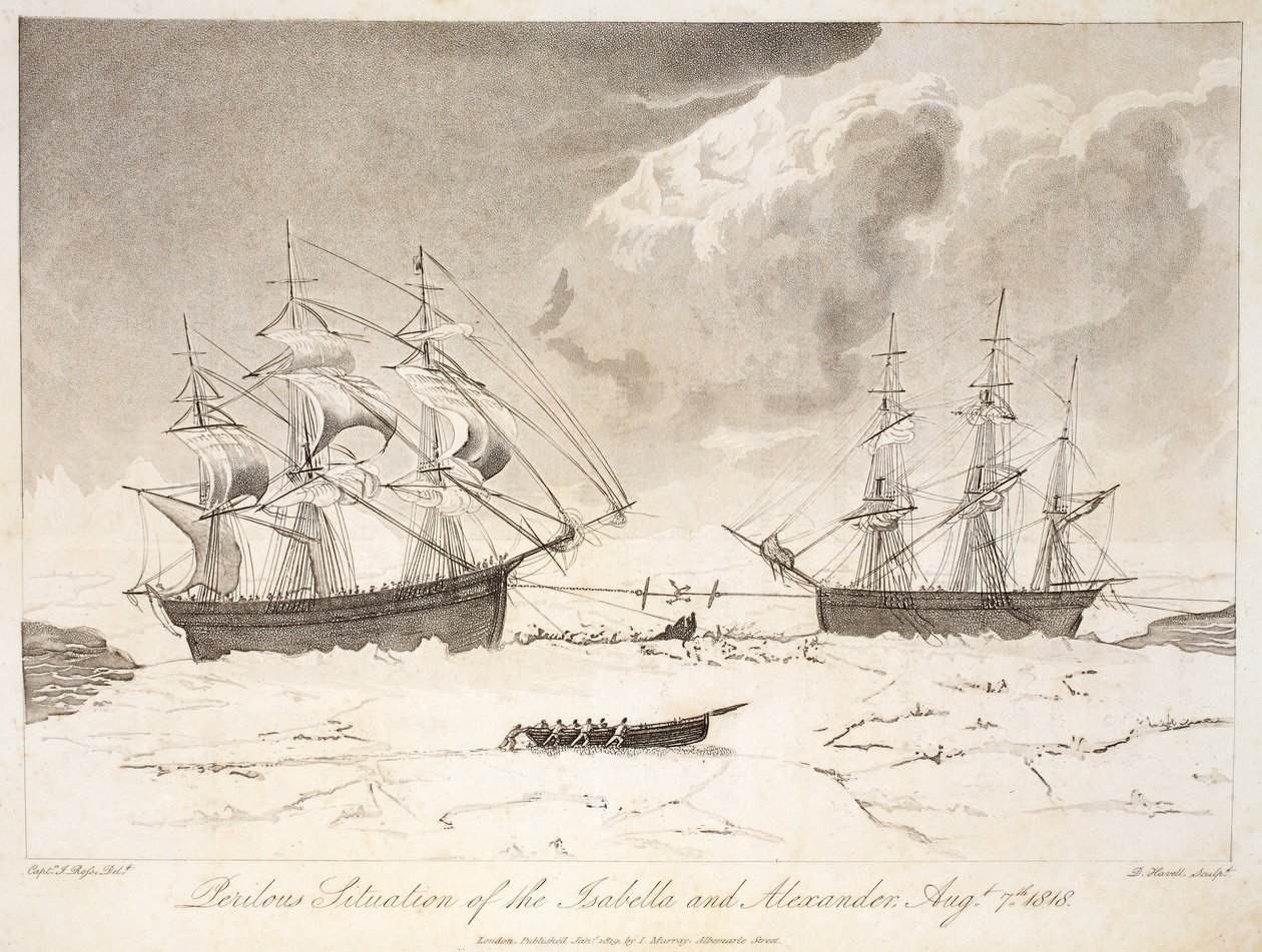Isabellan ja Aleksanterin vaarallinen tilanne, 7. elokuuta 1818, kuvitus teoksesta "A Voyage of Discovery...", 1819 (käsinvärinen kaiverrus) tekijältä John Ross