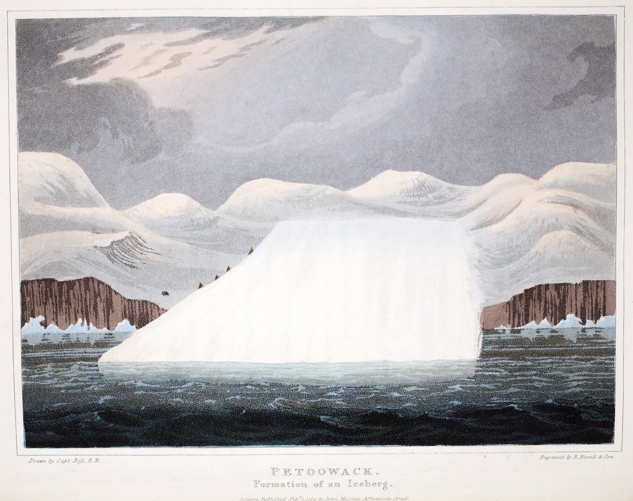 Petowacx, jäävuoren muodostuminen, kuvitus teoksesta "A Voyage of Discovery...", 1819 (käsinvärinen kaiverrus) tekijältä John Ross