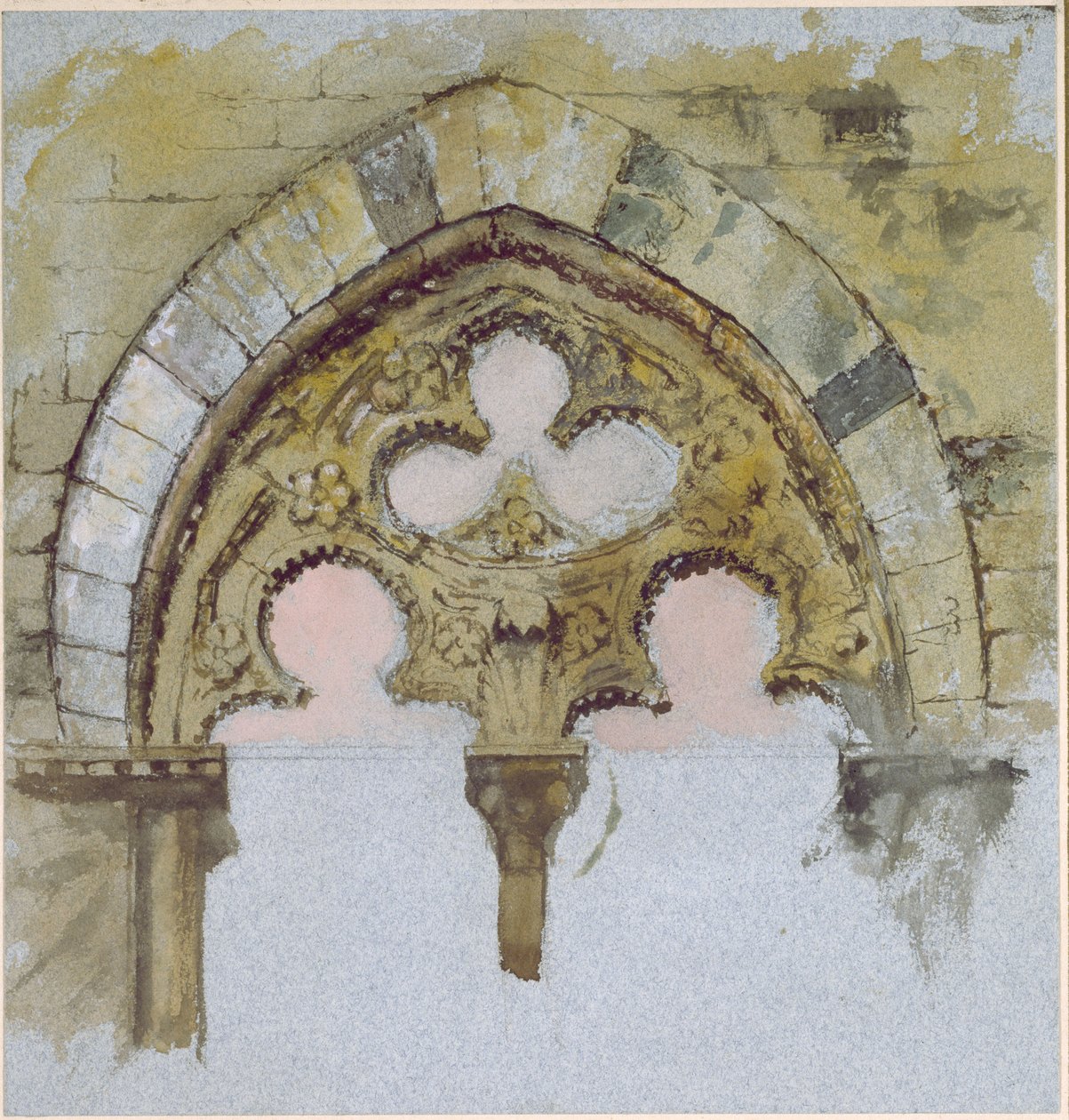 Palazzo Tolomein ikkuna Sienassa, jossa näkyy massiivikivien töykeä ja epäsymmetrinen sijoittaminen, 25.-27.6.1870 (akvarelli ja vartaloväri grafiitin päällä sinisellä kudospaperilla) tekijältä John Ruskin