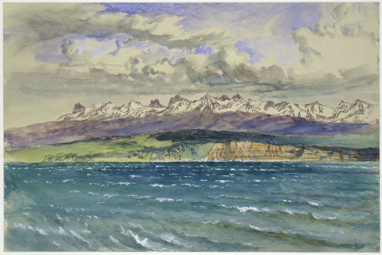 Iltapäivä keväällä, etelätuulen kanssa, Neuchâtelissa, 30. huhtikuuta 1869 (akvarelli ja vartaloväri grafiitin päällä vaaleanharmaalla kudospaperilla) tekijältä John Ruskin