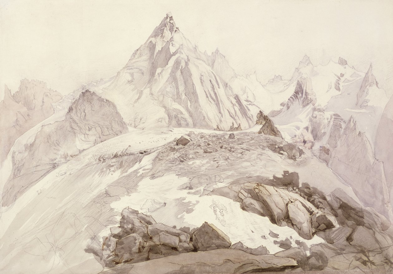 Aiguilles de Chamonix, n. 1850 (lyijykynä, kynä ja muste ja pesu kortilla) tekijältä John Ruskin