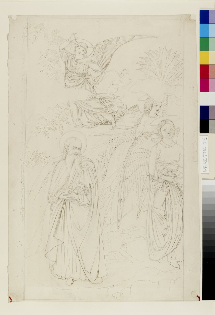 Piirros Aabrahamista eroamassa enkeleistä Benozzo Gozzolin teoksesta Aabrahamin ja Hagarin tarina Camposantossa, Pisa, 14.-15. toukokuuta 1845 (tussi ja tussi grafiitilla, vohvelipaperi). tekijältä John Ruskin