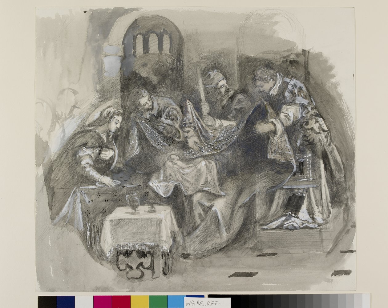 Piirustus Tintoretton ympärileikkauksesta Scuola Grande di San Roccossa, elokuussa 1869 (grafiitti, akvarelli ja vartaloväri kudospaperille) tekijältä John Ruskin