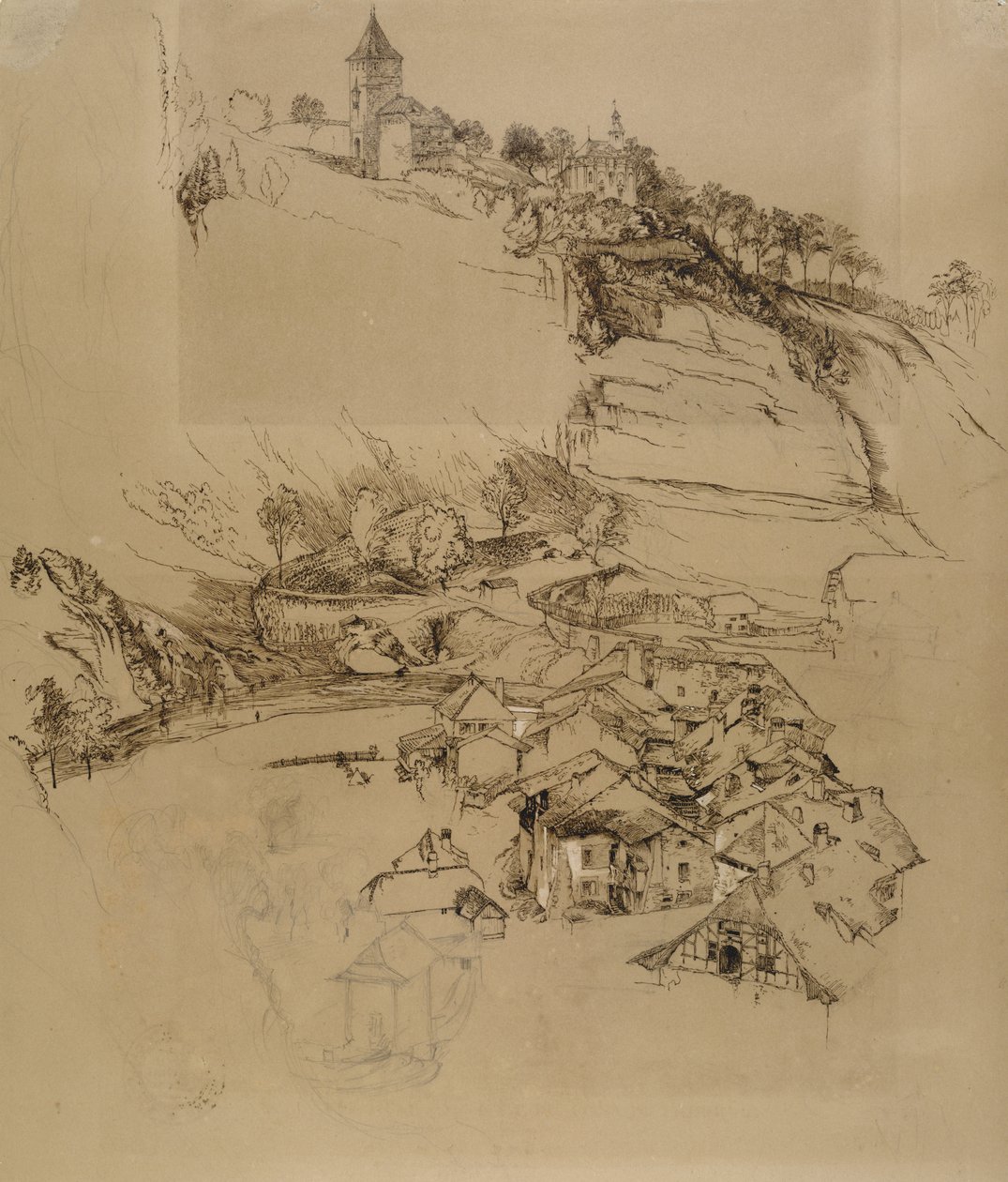 Fribourg, Sveitsi: Kynäluonnos, heinä- tai elokuu-syyskuu 1856 (kynä ja grafiitti, valkoinen runkoväri ruskealla kudospaperilla) tekijältä John Ruskin