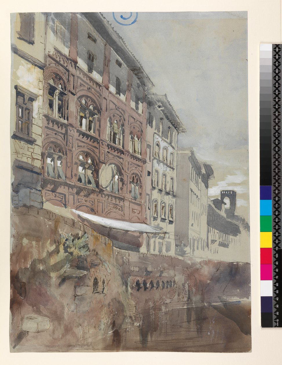 No.1590 Palazzo Agostini, Pisa, 1845 (wc ja guassi paperilla) tekijältä John Ruskin