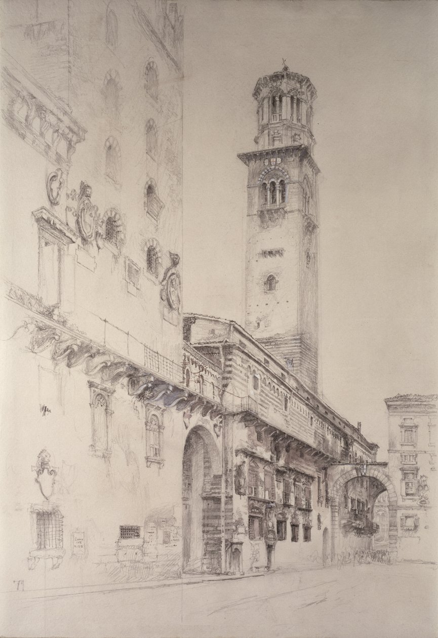 Piazza dei Signori, Verona, 1800-luku (kynä ja wc paperilla) tekijältä John Ruskin