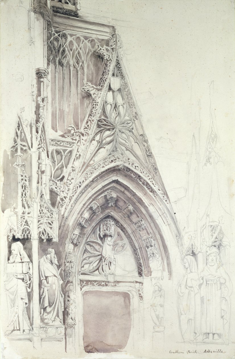 Southern Porch of St. Vulfran, Abbeville, 1800-luku (lyijykynä, muste ja pesu paperille) tekijältä John Ruskin