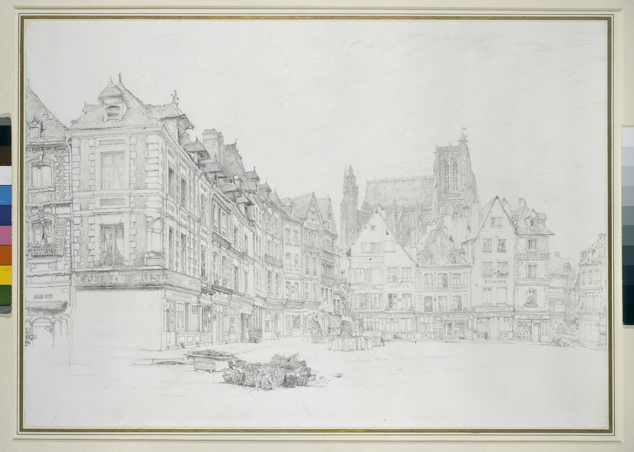 Study for Detail of the Market-Place, Abbeville, syys-lokakuu 1868 grafiitti luonnonvalkoiselle paperille tekijältä John Ruskin