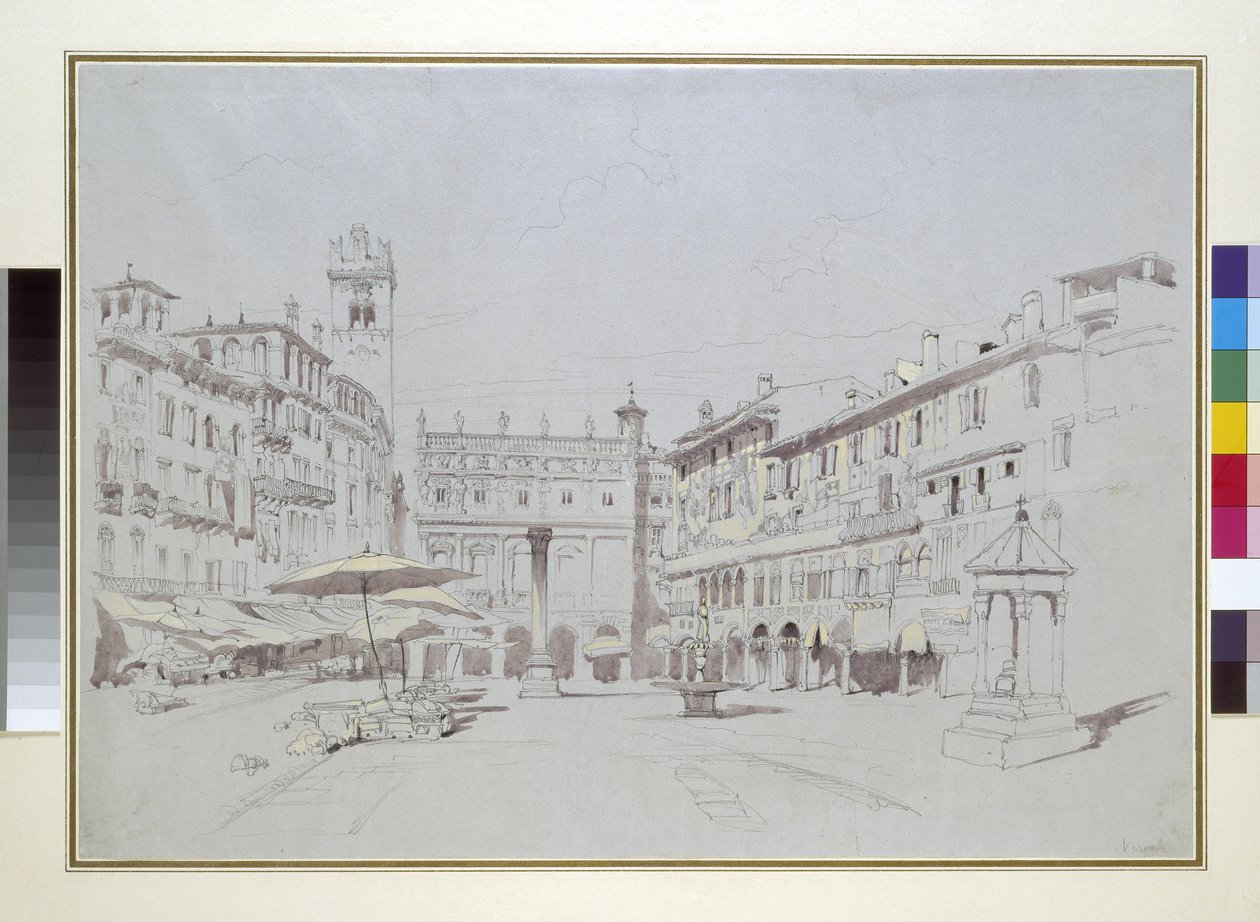 Tutkimus yksityiskohtiin Piazza delle Erbe, Verona, 19. toukokuuta 1841 grafiitti akvarelli- ja vartalovärillä harmaalla paperilla tekijältä John Ruskin