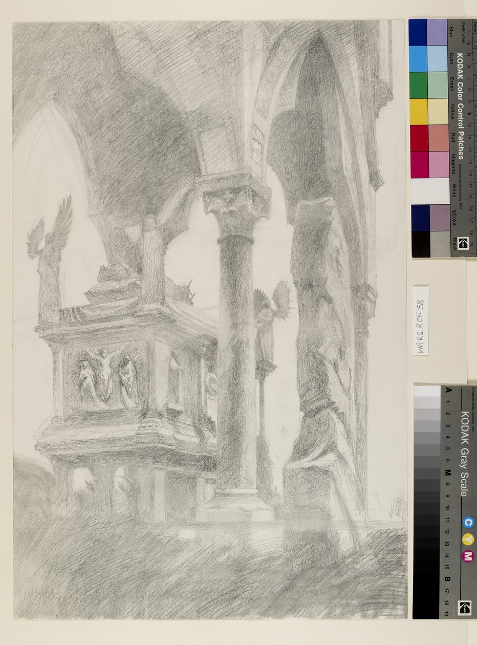 Tutkimus kenraali Chiaroscurolle Sarkofagin ja Mastino II della Scalan haudan katokselle Veronassa, n. 1869 (grafiitti paperille) tekijältä John Ruskin