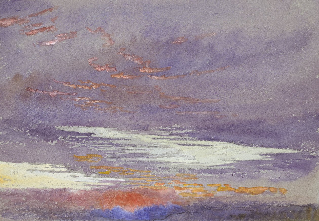 Study of Dawn: Purple Clouds, maaliskuu 1868 (vesiväri ja vartaloväri haaleilla grafiittiviivoilla siniharmaalla paperilla) tekijältä John Ruskin