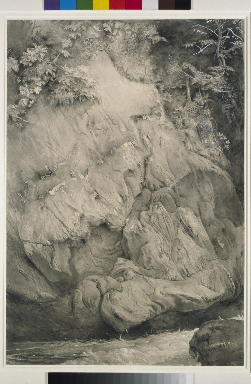 Study of Gneiss Rock, Glenfinlas, 1853-54 (kynä, pesu ja guassi paperille) tekijältä John Ruskin
