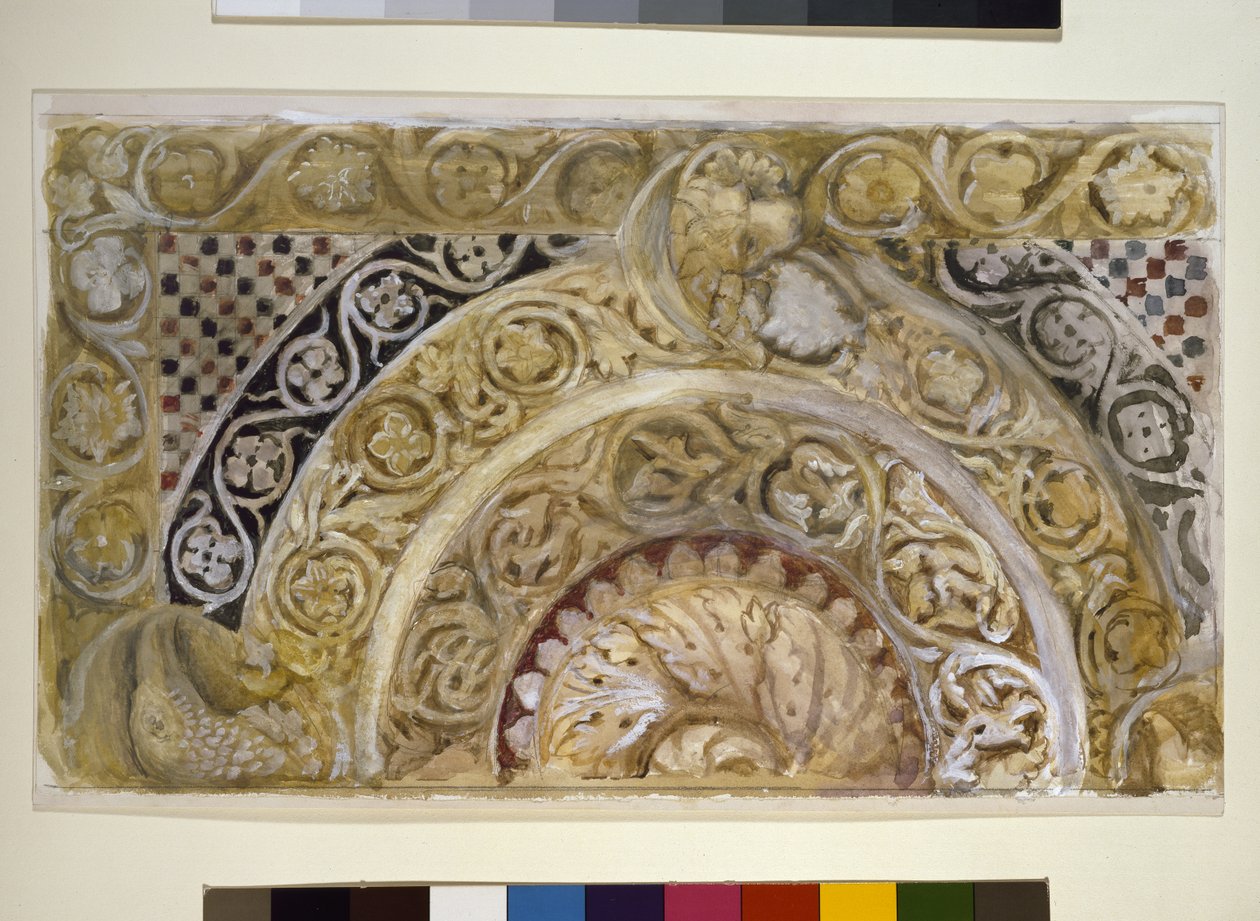 Tutkimus paneelista, joka käsittelee kastekappelin fonttia, Pisa, 27. - 29. huhtikuuta 1872 (akvarelli ja vartaloväri grafiitin päällä kudospaperilla) tekijältä John Ruskin