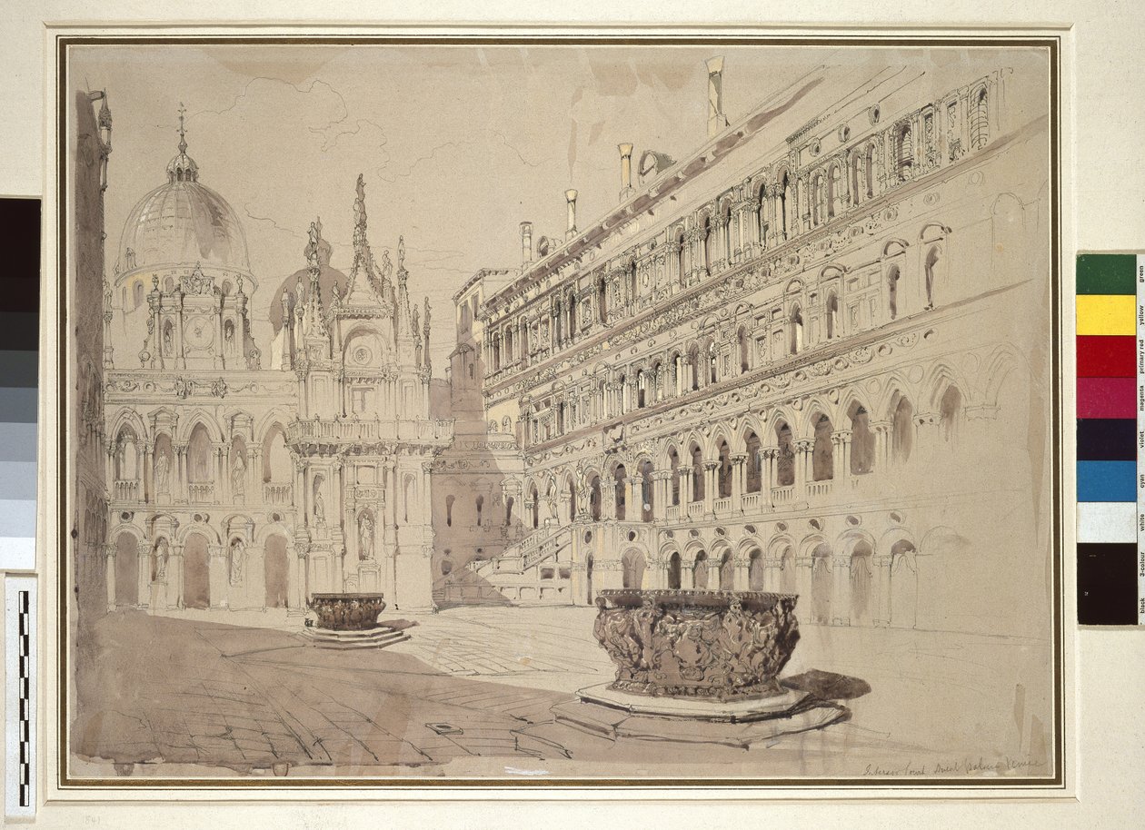 Ducal Palace, Venetsia, toukokuu 1841 (grafiitti, akvarelli, vartaloväri ja kynä ja muste vaaleanharmaalla kudottupaperilla) tekijältä John Ruskin