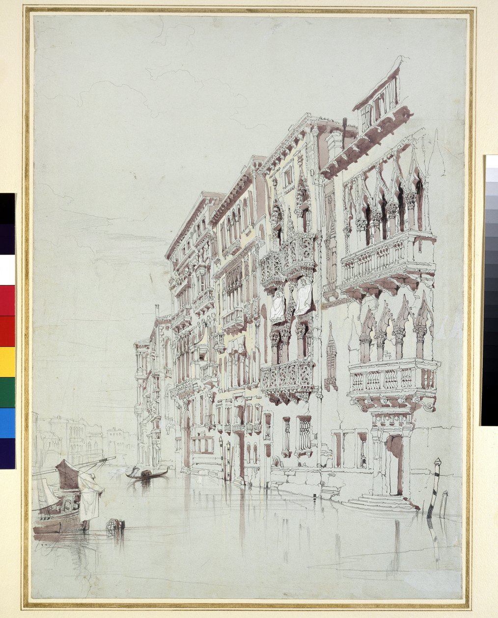 Palazzo Contarini-Fasan, Venetsia, 6.-16. toukokuuta 1841 (grafiitti, akvarelli ja bodycolour, hieman raaputettu, harmaalle paperille). tekijältä John Ruskin